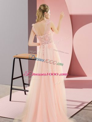 Beauteous Sleeveless Tulle Floor Length Lace Up Prom Dresses in Pink with Beading and Lace and Appliques