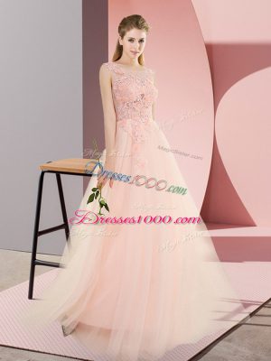 Beauteous Sleeveless Tulle Floor Length Lace Up Prom Dresses in Pink with Beading and Lace and Appliques