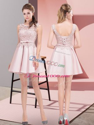 Baby Pink Lace Up Homecoming Dress Lace and Bowknot Sleeveless Mini Length