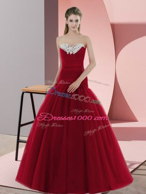 Artistic Sweetheart Sleeveless Prom Dresses Floor Length Beading Red Tulle