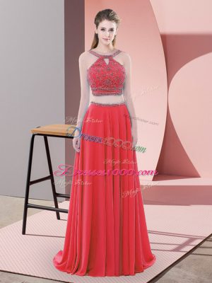 Traditional Red Two Pieces Chiffon Straps Sleeveless Beading Backless Evening Dress Sweep Train