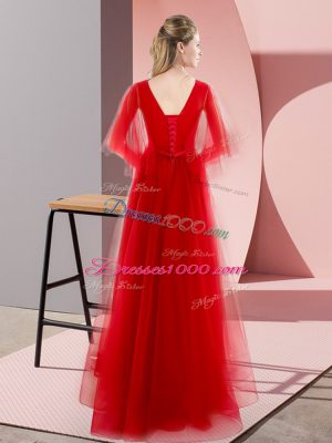 Ideal Tulle V-neck Long Sleeves Lace Up Beading Dress for Prom in Red