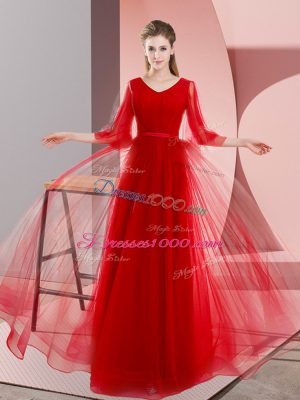 Ideal Tulle V-neck Long Sleeves Lace Up Beading Dress for Prom in Red