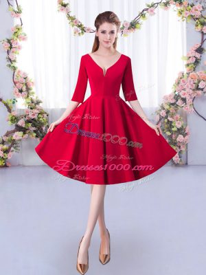 Red Zipper Bridesmaid Dress Ruching Half Sleeves Knee Length