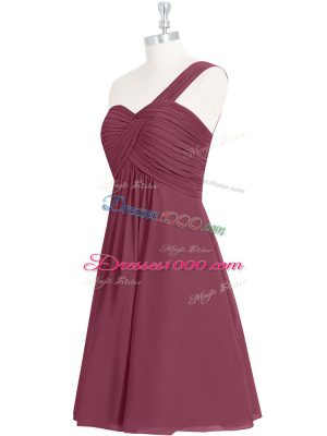 Burgundy Zipper One Shoulder Ruching Prom Dresses Chiffon Sleeveless