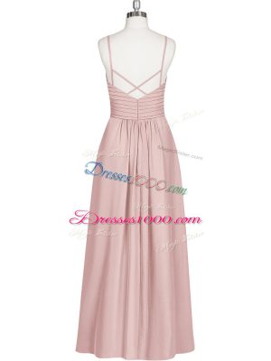 Luxury Pink Empire Chiffon Spaghetti Straps Sleeveless Ruching Ankle Length Criss Cross Dress for Prom