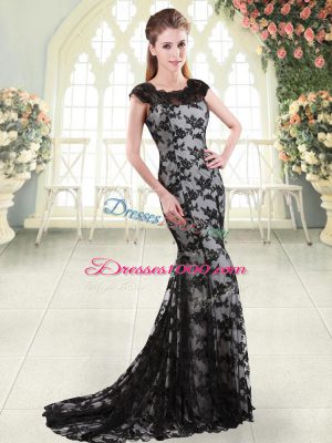 Latest Black Lace Zipper Scoop Sleeveless Sweep Train Appliques