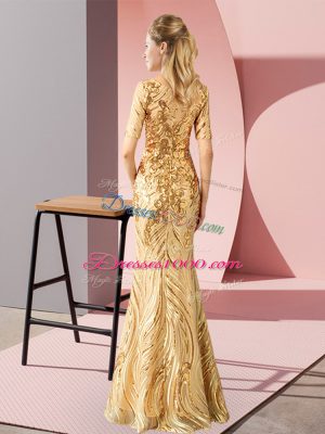 Half Sleeves Zipper Floor Length Sequins Evening Dress