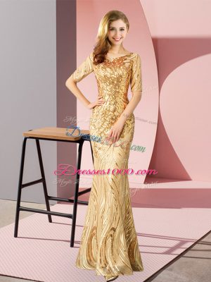 Half Sleeves Zipper Floor Length Sequins Evening Dress