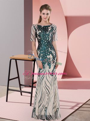 Exceptional Floor Length Green Prom Evening Gown Scoop Half Sleeves Zipper