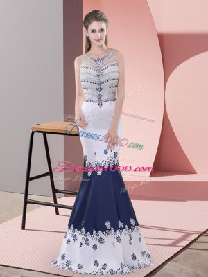 Sexy Blue And White Scoop Neckline Embroidery Sleeveless Zipper