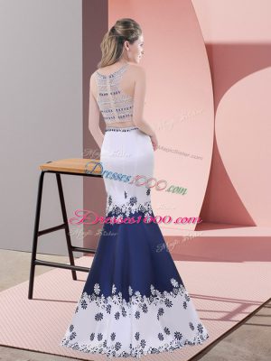 Sexy Blue And White Scoop Neckline Embroidery Sleeveless Zipper