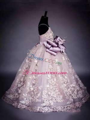 Wonderful Pink Pageant Dresses Wedding Party with Beading and Bowknot Spaghetti Straps Sleeveless Lace Up