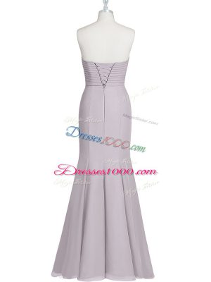 Sleeveless Chiffon Floor Length Lace Up Prom Dress in Grey with Ruching