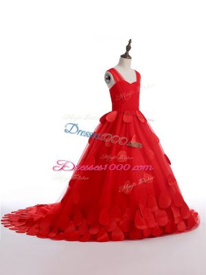 Amazing Appliques Evening Gowns Red Lace Up Sleeveless Brush Train