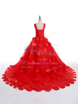 Amazing Appliques Evening Gowns Red Lace Up Sleeveless Brush Train