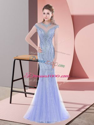 Suitable Sleeveless Beading and Lace Zipper Evening Dress with Baby Blue Sweep Train