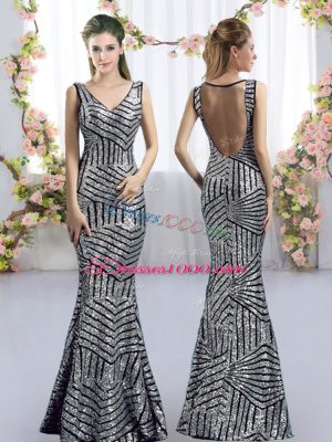 Silver Side Zipper V-neck Sleeveless Floor Length Bridesmaid Dress Sequins