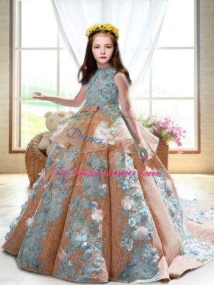 Peach Satin Backless Pageant Dress Toddler Sleeveless Court Train Appliques