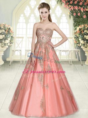 Watermelon Red Sleeveless Floor Length Appliques Lace Up Prom Gown