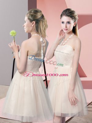 Eye-catching Sleeveless Tulle Mini Length Side Zipper Dress for Prom in Champagne with Lace