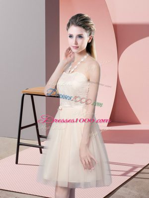 Eye-catching Sleeveless Tulle Mini Length Side Zipper Dress for Prom in Champagne with Lace