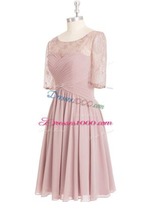 Flare Pink A-line Scoop Half Sleeves Chiffon Knee Length Zipper Lace and Ruching