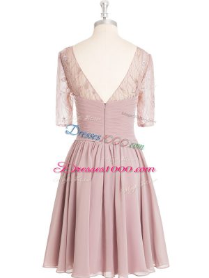 Flare Pink A-line Scoop Half Sleeves Chiffon Knee Length Zipper Lace and Ruching