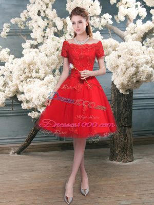 Off The Shoulder Short Sleeves Lace Up Homecoming Dress Red Tulle