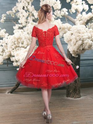 Off The Shoulder Short Sleeves Lace Up Homecoming Dress Red Tulle