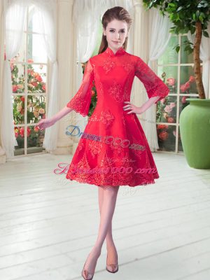 Lace Prom Dress Red Zipper 3 4 Length Sleeve Knee Length