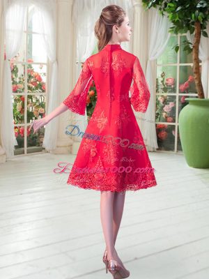 Lace Prom Dress Red Zipper 3 4 Length Sleeve Knee Length