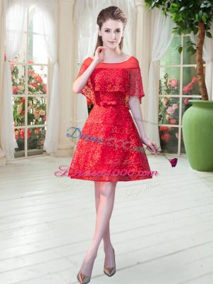 Glorious Red Lace Up Scoop Beading Prom Party Dress Lace Short Sleeves