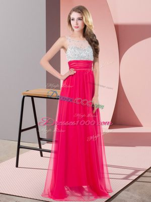Floor Length Coral Red Dress for Prom Chiffon Sleeveless Sequins