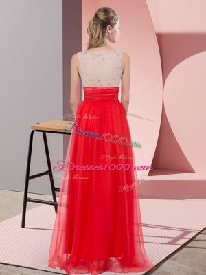 Floor Length Coral Red Dress for Prom Chiffon Sleeveless Sequins