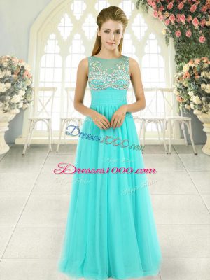 Floor Length Aqua Blue Evening Dress Tulle Sleeveless Beading