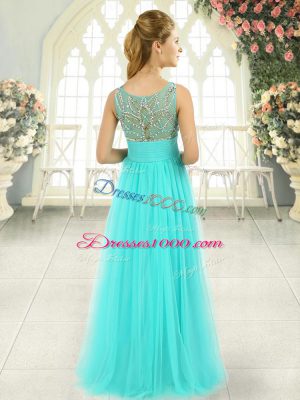 Floor Length Aqua Blue Evening Dress Tulle Sleeveless Beading