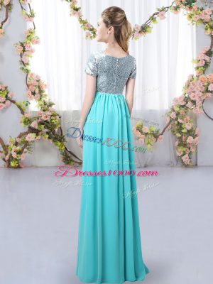 Scoop Zipper Sequins Bridesmaid Gown Short Sleeves