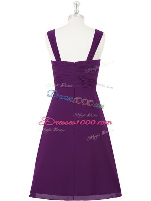 Purple Sleeveless Knee Length Ruching Zipper Prom Evening Gown