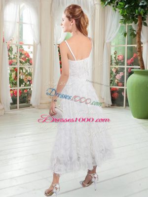 White Zipper Straps Sleeveless Tea Length Prom Dress Ruffles