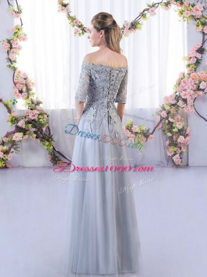 Glorious Floor Length Grey Bridesmaid Gown Tulle Half Sleeves Appliques