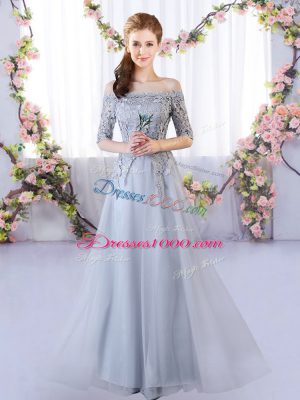 Glorious Floor Length Grey Bridesmaid Gown Tulle Half Sleeves Appliques