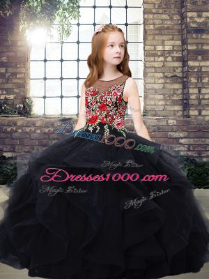 Scoop Sleeveless Tulle Winning Pageant Gowns Embroidery and Ruffles Zipper