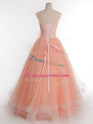 Clearance Sleeveless Tulle Floor Length Lace Up Sweet 16 Quinceanera Dress in Peach with Ruffles