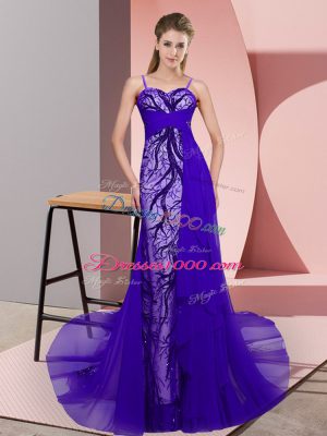 Zipper Party Dress for Girls Purple for Prom and Party with Beading and Lace Sweep Train