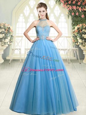 Sleeveless Floor Length Beading Zipper Evening Dress with Blue