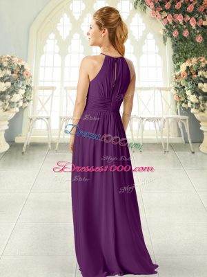 Affordable Scoop Sleeveless Custom Made Floor Length Ruching Navy Blue Chiffon