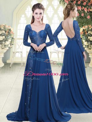 Deluxe Blue Long Sleeves Beading and Lace Zipper Dress for Prom