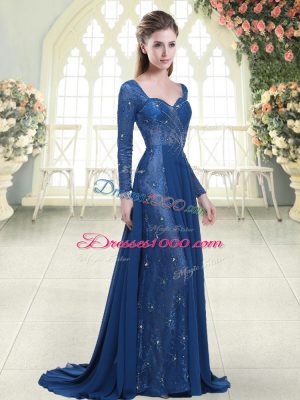 Deluxe Blue Long Sleeves Beading and Lace Zipper Dress for Prom