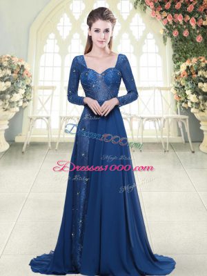 Deluxe Blue Long Sleeves Beading and Lace Zipper Dress for Prom